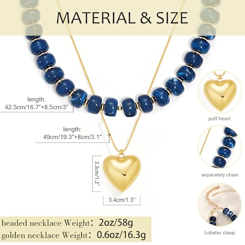 YUJIE Chunky Heart Pendant Necklace for Women- Exaggerated Statement Puff Heart Necklace with Acrylic Beaded Chain - color: B-NAVY BLUE