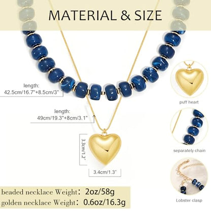 YUJIE Chunky Heart Pendant Necklace for Women- Exaggerated Statement Puff Heart Necklace with Acrylic Beaded Chain - color: B-NAVY BLUE