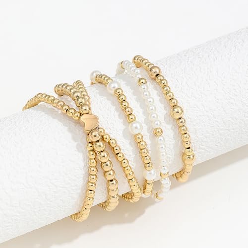 Pearl Bracelets for Women Simulated Pearl Beaded Bracelet White Pearls Stackable Stretch Bracelet Set Multilayered Elastic Pearls Bracelets for Women Bridesmaid Bridal Jewelry - color: gold heart