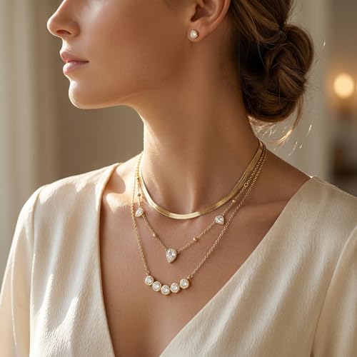 Coolkin 3 PCS Women Gifts Layered Gold Necklace for Women,14K Gold Plated Dainty CZ Pendant Layering Gold Necklaces Set Chain Choker Cubic Zirconia Necklace Trendy Jewelry Gifts - style: Circular CZ