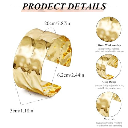 2Pcs Cuff Bangle Bracelet for Women Open Wide Bangle Bracelet Set | minimalist statement bangle bracelets，wrist cuff wrap bracelet adjustable，open wide wire grooved hammered bracelet set - color: 2PCS-Gold-E