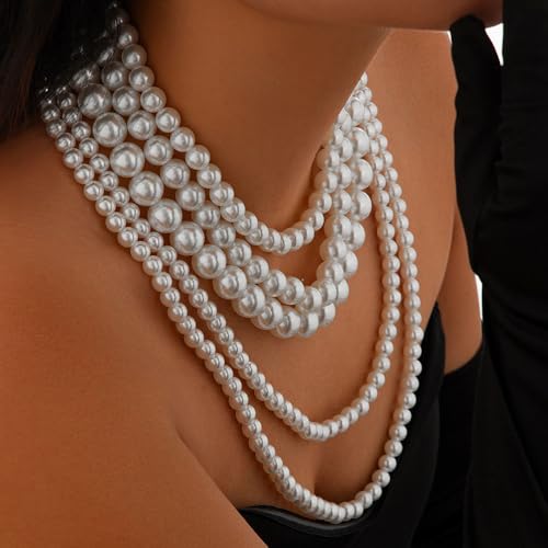 Chunky Long Layered Pearl Necklaces for Women 1920s Multi Strand Layering Faux Pearls Pendant Necklace Vintage Large Stack Statement Jewelry