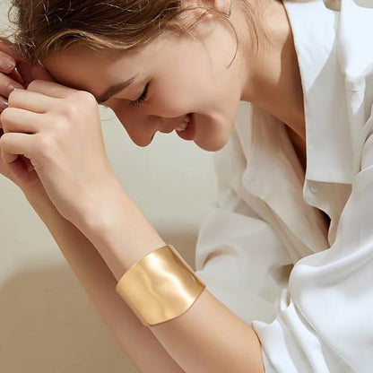 NICEIGHT 18K Gold Plated Chunky Bangle Bracelets for Women Gold Wide Cuff Bangle Bracelet Hammered Minimalist Thick Gold Wrist Wrap Bracelets - color: Gold Irregular Matte bracelet
