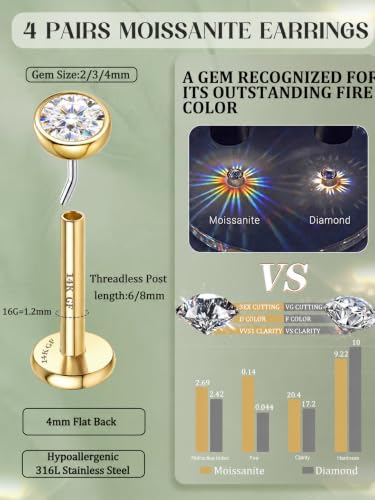 8 Pcs Moissanite Nose Studs Flat Back Earrings 16G/18G/20G | 14K Gold Plated Hypoallergenic Nose Studs, Moissanite Nose Rings for Women Men, Lip, Helix, Conch Piercing Jewelry, Flat Back - color: Gold| 16G(1.2MM)-Bar-6/8MM&Moissanite-2/3/4MM
