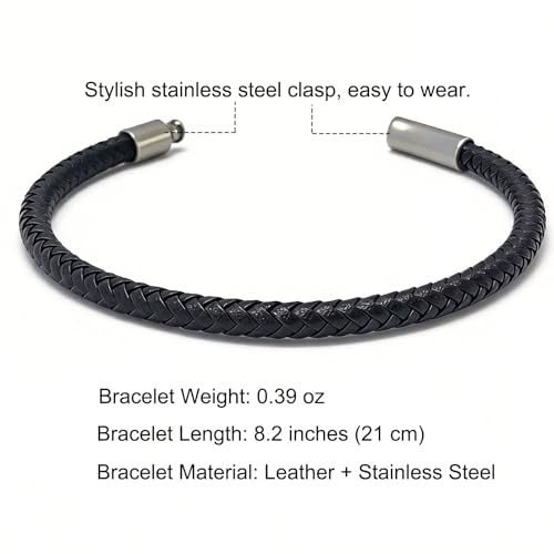 Men's Leather Bracelet, Stackable Stainless Steel Clasp Bracelets for Men Stylish Birthday, Thanksgiving, Valentine's Day Gift for My Man (8.2" Black Leather) | Men's Accessory, Leather Band, Stainless Steel, Wrist Bracelet