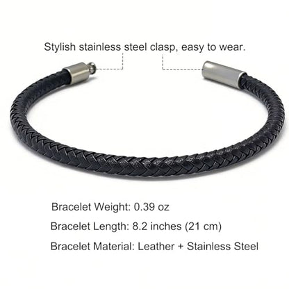 Men's Leather Bracelet, Stackable Stainless Steel Clasp Bracelets for Men Stylish Birthday, Thanksgiving, Valentine's Day Gift for My Man (8.2" Black Leather) | Men's Accessory, Leather Band, Stainless Steel, Wrist Bracelet