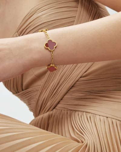 Four Leaf Clover Bracelet 18K Gold Plated Bracelets for Women Lucky Flower Design Stainless Steel Hypoallergenic Link Chain Adjustable Dainty Trendy Jewelry Gifts for Women - color: Gold+Red