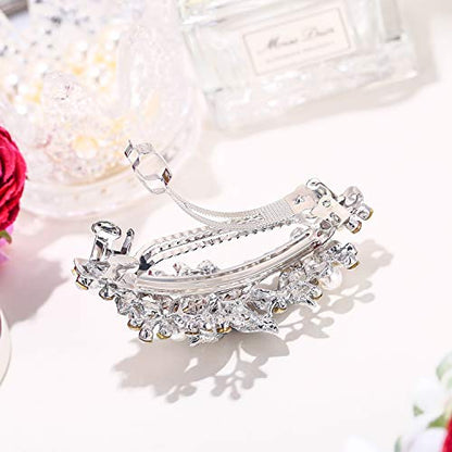 EVER FAITH Austrian Crystal Bridal Hibiscus Cream Simulated Pearl Hair Clip Barrette Blue Silver-Tone - color: Blue