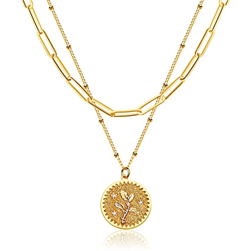 MEVECCO Gold Birth Flower Coin Necklace for Women Paperclip Chain Choker Layered Set Embossed Disc 12 Month Pendent 18K Gold Plated Dainty Satellite Chain Personalized Birthday Jewelry for Her