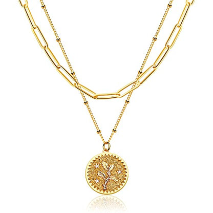 MEVECCO Gold Birth Flower Coin Necklace for Women Paperclip Chain Choker Layered Set Embossed Disc 12 Month Pendent 18K Gold Plated Dainty Satellite Chain Personalized Birthday Jewelry for Her