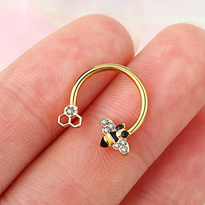 2PCS Septum Ring 16G 316L Surgical Steel Cartilage Earring Hoop Nose Ring Cute Bee Captive Bead Rings Tragus Daith Rook Helix Piercing Jewelry