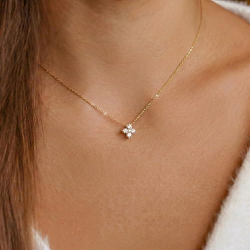 Gold Silver Necklace for Women, Dainty Cubic Zirconia Pendant | Teardrop CZ Charm, 14K Gold/Sterling Silver Plated, Adjustable Chain, Hypoallergenic & Waterproof Jewelry, Cute Trendy Gift - color: Gold-Clover necklace