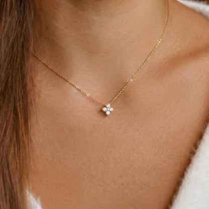 Gold Silver Necklace for Women, Dainty Cubic Zirconia Pendant | Teardrop CZ Charm, 14K Gold/Sterling Silver Plated, Adjustable Chain, Hypoallergenic & Waterproof Jewelry, Cute Trendy Gift - color: Gold-Clover necklace