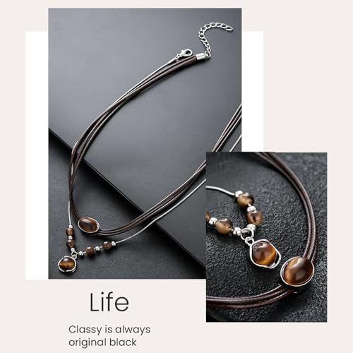 Boho Tiger's Eye Pendant Necklace for Women, Natural Stone Wax Rope Cord Choker, Beautiful Crystal Jewelry Gift with Gift Box