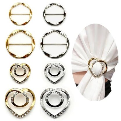 8PCS Scarf Rings and T-Shirt Tie Clips, 2-Size Metal Scarf Holder Set, Gold & Silver Waist Cinch & Shirt Side Tie Accessories for Women