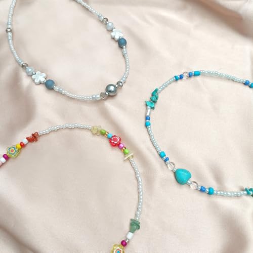 Beaded Necklaces for Women Summer Beach Beaded Necklace Bead Choker Boho Necklaces for Women Handmade Summer Jewelry Stainless Steel 18K Gold Plated - color: White & Blue-gray