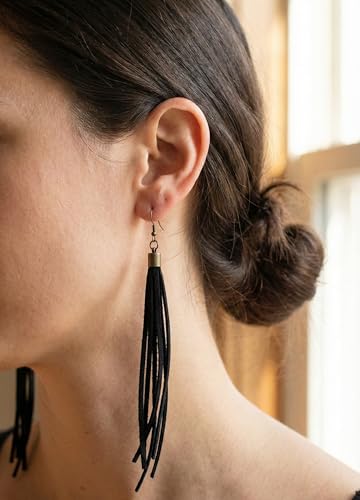 Handmade Genuine Leather Earrings for Women – Long Teardrop Boho Dangles, Lightweight Statement Fashion Jewelry - style: Springs-Navy Blue
