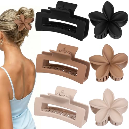 Flower Hair Clips for Women, Square Claw Clips for Girls 6 PCS - Brown | 2 Styles Hair Claw Clips for Thick or Thin Hair Hawaiian Hibiscus Rectangle Large Plumeria Medium Hair Accessories for Women - color: Brown
