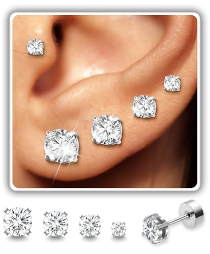 4 Pairs Silver CZ Flat Back Stud Earrings, 316L Surgical Steel | 3/4/5/6mm round CZ flat back studs in polished 316L surgical steel for lobe, helix and ear stacks. - style: Silver-B-2