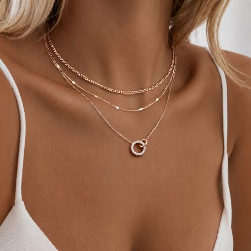 WomenGifts Layered Gold Necklaces for Women, 14K Gold Sterling Silver Plated Dainty Pendant Necklace Set Non Tarnish, Chunky Stackable Cuban Chain Choker, Trendy Birthstone Vacation Jewelry Gift - color: Rose Gold, style: Double Circle