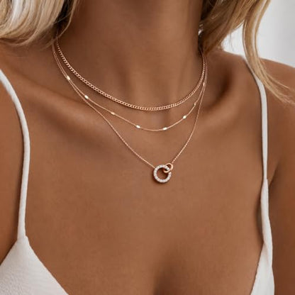 WomenGifts Layered Gold Necklaces for Women, 14K Gold Sterling Silver Plated Dainty Pendant Necklace Set Non Tarnish, Chunky Stackable Cuban Chain Choker, Trendy Birthstone Vacation Jewelry Gift - color: Rose Gold, style: Double Circle