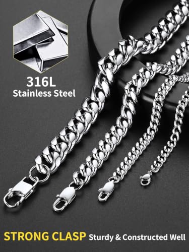 ChainsHouse Miami Cuban Link Chain Necklace for Men, Stainless Steel | 4.8/6/10/14mm Widths, Black/14K Gold Plated Finishes, Hip Hop Style, Daily Wear, Gift Box Included - color: Silver