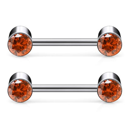 14G ASTM F136 Titanium Nipple Piercing Jewelry Round CZ Nipple Barbell Jewelry Internally Threaded G23 Solid Titanium Nipple Piercing Barbell Ring Jewelry for Women Men 14 Gauge - style: Orange CZ