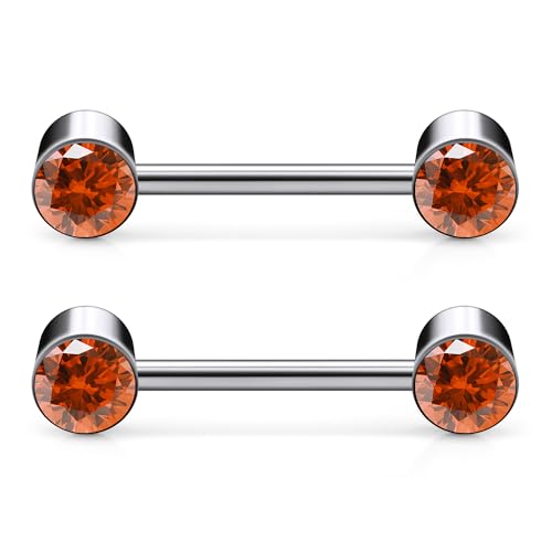 14G ASTM F136 Titanium Nipple Piercing Jewelry Round CZ Nipple Barbell Jewelry Internally Threaded G23 Solid Titanium Nipple Piercing Barbell Ring Jewelry for Women Men 14 Gauge - style: Orange CZ