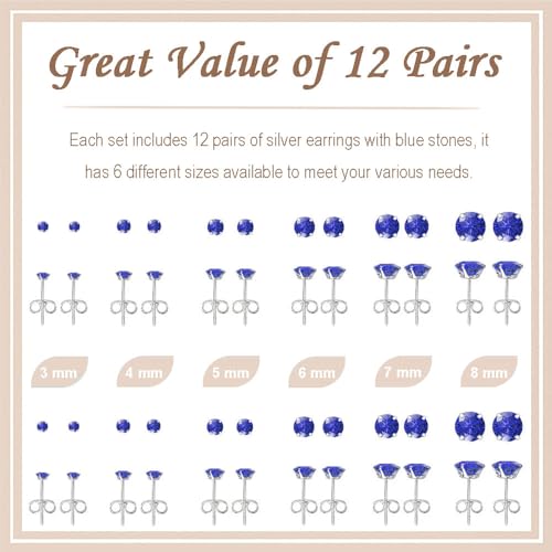 12 Pairs Stud Earrings Set, Hypoallergenic Surgical Stainless Steel 316L Earring for Women Men, Small Earring Studs Pack with Cubic Zirconia - color: Blue-6 Sizes-3，4，5，6，7，8