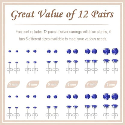 12 Pairs Stud Earrings Set, Hypoallergenic Surgical Stainless Steel 316L Earring for Women Men, Small Earring Studs Pack with Cubic Zirconia - color: Blue-6 Sizes-3，4，5，6，7，8