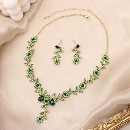Flower Leaf Crystal Pendant Necklace Dangle Earrings Link Bracelet Bride Bridesmaid Jewelry Sets for Women Wedding Party - color: Emerald-Gold Plated