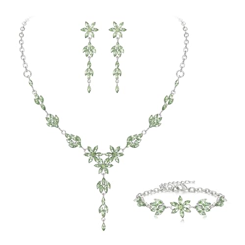 EVER FAITH Crystal Flower Wedding Prom Jewelry Set for Bride Bridesmaid | Rhinestone Costume Party Y-Shaped Necklace Dangle Earrings Bracelet, for Women - color: Light Green Silver-Tone
