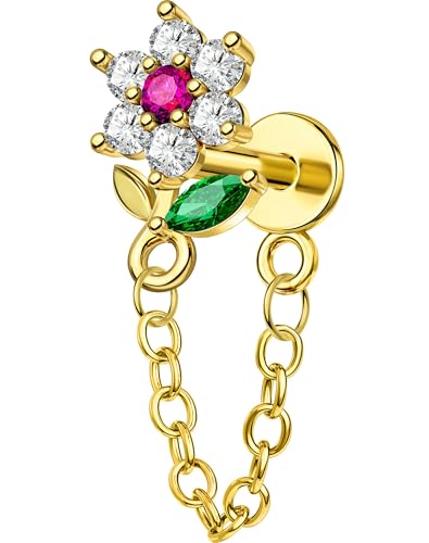 OUFER 16G Threadless Flat Back Cartilage Stud with Chain Dangle, Flower CZ Cluster Labret for Helix/Conch/Tragus/Lobe, 316L Stainless Steel, 6mm Post - color: Gold