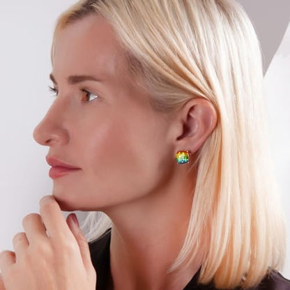 Large Square Stud Earrings for Women - Big Sparkly Rhinestone Studs | Plated in Gold Tone or Silver Tone, Hypoallergenic and Safe for Sensitive Ears - color: Rainbow Glitter