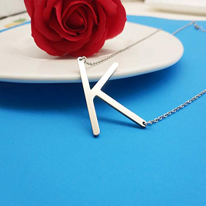MOMOL Sideways Initial Necklace 18K Gold Plated Stainless Steel Large Big Letters Pendant Necklace Script Name Monogram Necklaces for Women - color: K