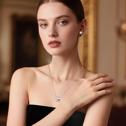 YAMI Pearl Jewelry Set for Women, Natural Cultured Pearl Necklace&Earrings | 11-12mm Pearl, 925 Sterling Silver with 5A Cubic Zirconia, Wedding Jewelry Sets, Valentine's Day/Mother's Day/Christmas Gift - color: Pink