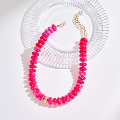 Chunky Colorful Bead Necklace Summer Fashion Statement Boho Beaded Chunky Necklace for Women Adjustable Length Lightweight Cool Suitable for Beach Vacation Daily Wear & Summer Parties - color: Hot Pink
