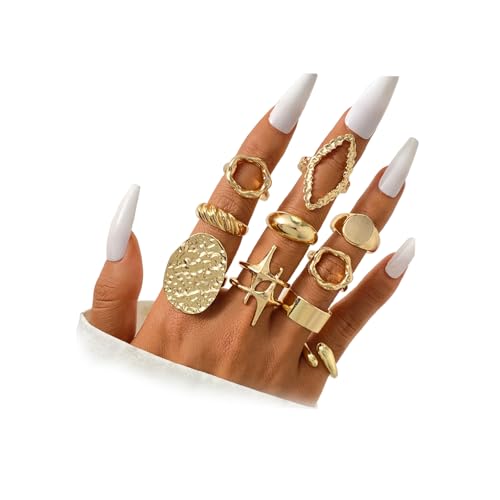 Chunky Rings for Women Non Tarnish 14k Stackable Dome Statement Rings Sets Vintage Dainty Knuckle Open Midi Finger Rings Jewelry Pack Gifts - style: 10PCS