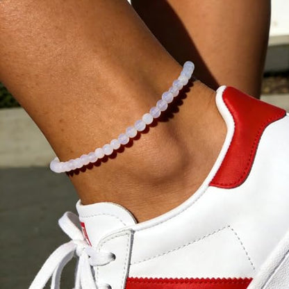 Natural Stone Beaded Anklets for Women, Handmade Boho Clear Quartz 4mm Crystal Beads Anklet, Gold Chain Adjustable Ankles Bracelet, Beach Summer Jewelry Gemstone Foot Bracelet Gift - color: Opal