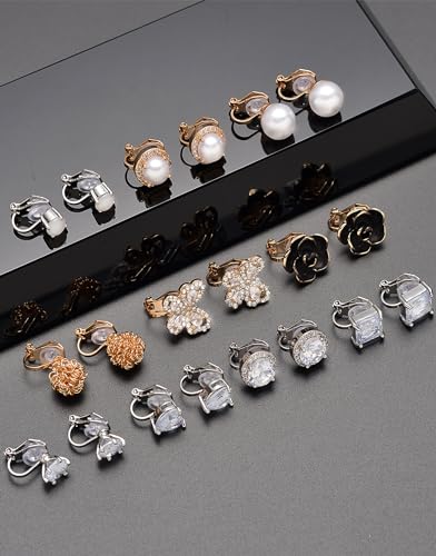 Tornito 10-15 Pairs Clip on Stud Earrings Non Pierced Teardrop Round Square CZ Pearl Twist Knot Flower Butterfly Heart Star Rainbow Cat Opal Clip on Earrings for Women - color: H: 10 Pairs