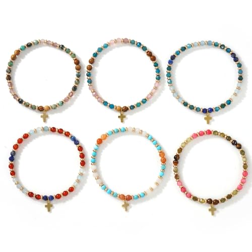 Christian Colorful Natural Gemstones Stone Seed Beaded Bracelets for women Men, Handmade Gold Cross Healing Crystal Jewelry, Lucky Amulet Faith Daily Party Friendship Holiday Gift - color: Red Garnet