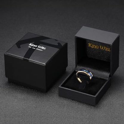 King Will Mens Wedding Band with Foils Inlay, Black/Silver/Gold Beveled Edge Glowstone Ring, 6mm/8mm Tungsten Carbide Rings Comfort Fit - color: Gold&Blue-8mm