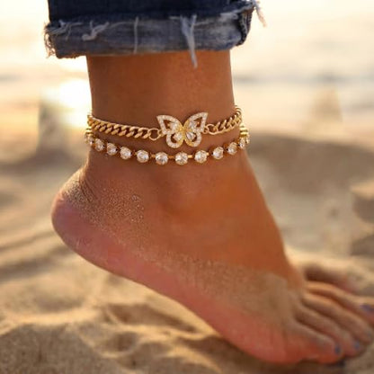 JATEBI 14K Gold Plated Layered Butterfly Zircon Anklet Set for Women | Trendy Delicate Gold Ankle Bracelets Ideal Summer Beach Foot Jewelry Nice Holiday Birthday Present For Modern‑Style