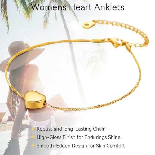 ChainsHouse Ankle Bracelets for Women, Stainless Steel Beaded Chain Ankle Bracelet, Womens Heart Anklets for Summer Beach Jewelry Gifts - color: P:heart-gold