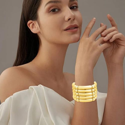 YBMYCM 5PCS Gold Chunky Bangles Bracelets for Women | 14k Gold Plated Stackable Layered Curved Bamboo Tube Stretch Bracelets Bangle Gift Jewelry - color: 5pcs G-8mm