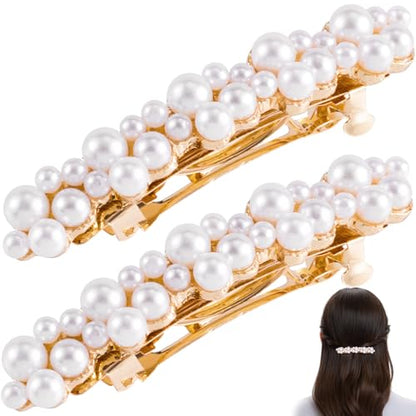 2 Pcs Pearl Hair Clips, Pearl-Embellished Barrette, Elegant Pearls Barrettes for Women, Party, Wedding, Daily Use, Graduation (Gold) - color: Pearl - Style A