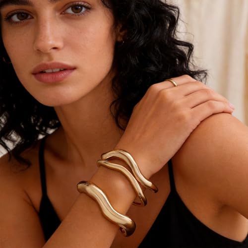 Frodete Chunky Gold Bangles for Women Non Tarnish Chunky Wide Cuff Bracelets Silver Cuff Bangle Bracelet Trendy Statement Minimalist Jewelry Gifts - color: A39:gold bangles