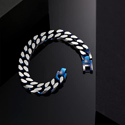 Mens Bracelet-Stainless Steel Fold Over Clasp Cuban Chain-Bracelets for Men - color: E-Blue