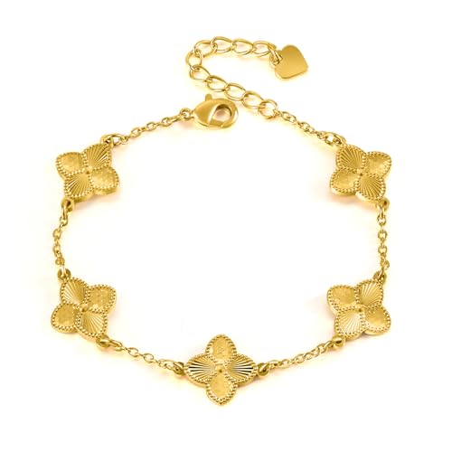 Qitian Clover Bracelet for Women 18K Gold Four Leaf Pink Lucky Link Clover Bracelets, Trendy Bracelets Set Jewelry Gifts for Women - color: E-Gold