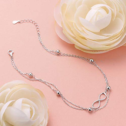 Flyow Anklet for Women S925 Sterling Silver Adjustable Foot Beaded Heart Charm Ankle Bracelet Anklets Jewelry - style: infinity 9+1